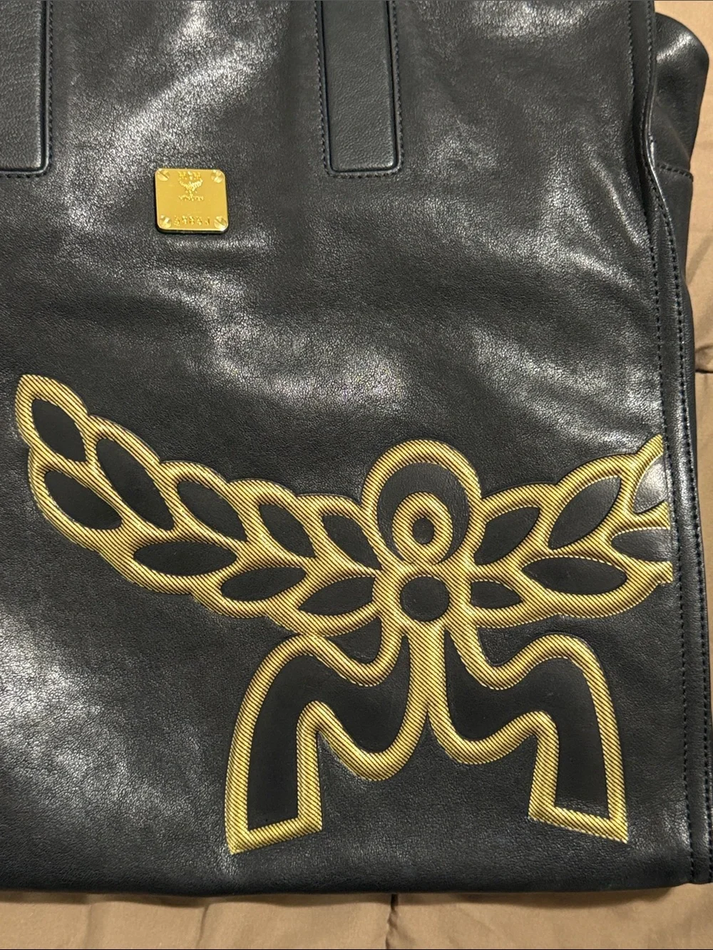 MCM Black Leather Tote with Gold Aren Logo Accent